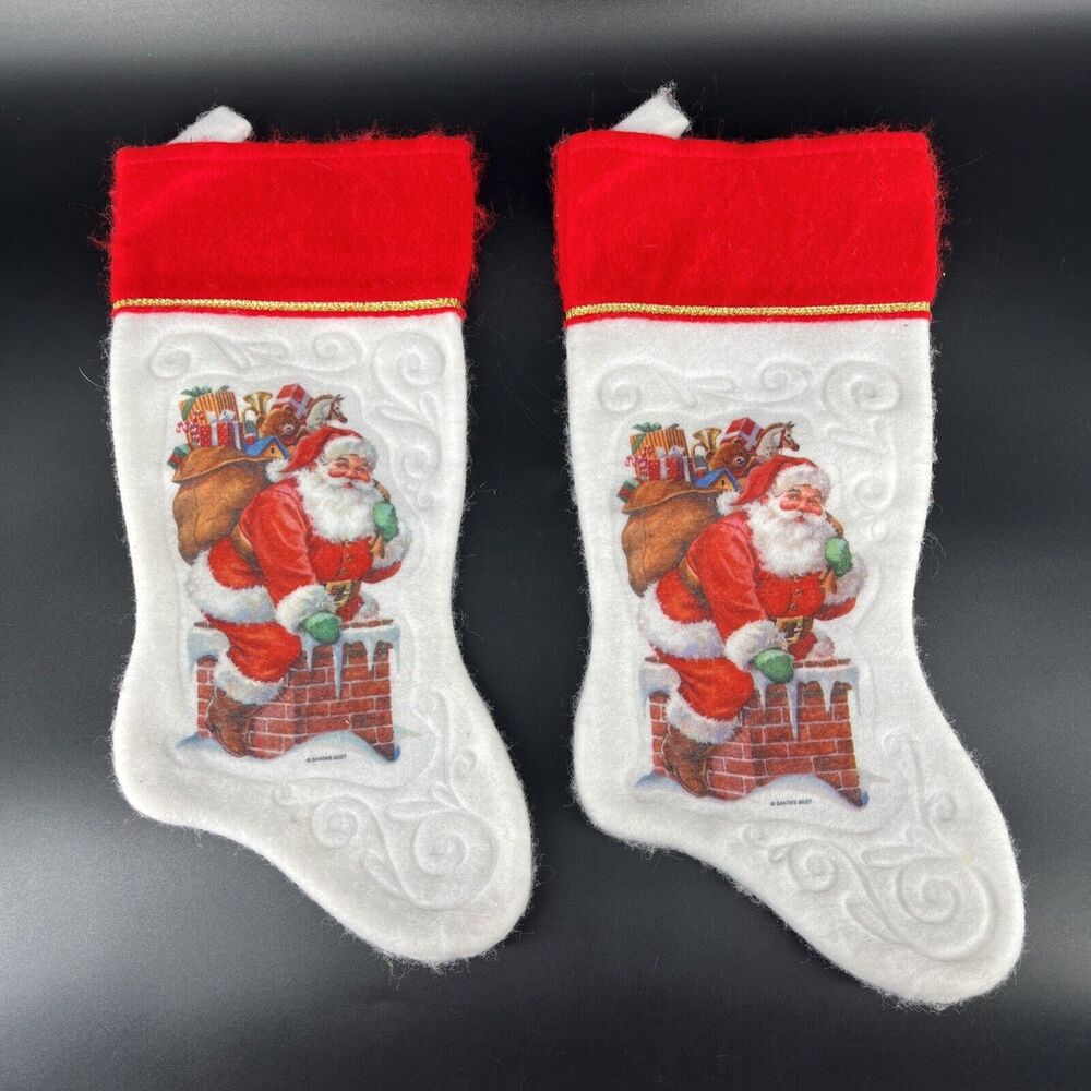 VTG Lot Of 2 Santas Best Christmas Stockings Felt Santa Claus Toys 15" Embossed